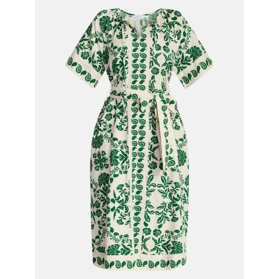 Time and Tru Women’s Border Print Linen Blend Midi Dress, Sizes XS-XXXL | Walmart (US)