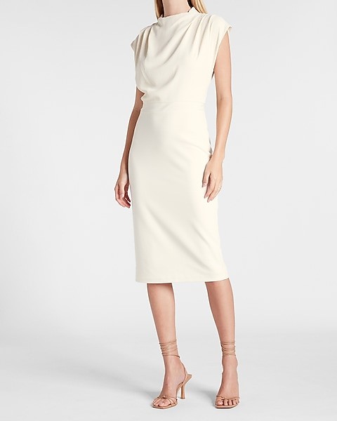 Ivory Draped Mock Neck Midi Sheath Dress | Express