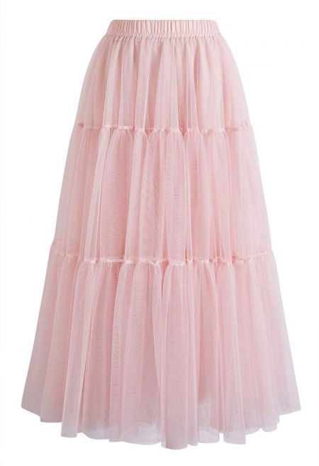 Voluminous Tiered Double-Layer Tulle Maxi Skirt in Light Pink for Bridal Showers & Afternoon Teas | Chicwish