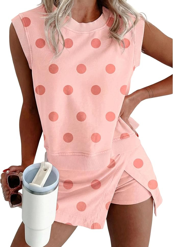 Womens Polka Dot 2 Piece Outfits Summer Lounge Set Tank Split Mini Skort Workout Sets | Amazon (US)
