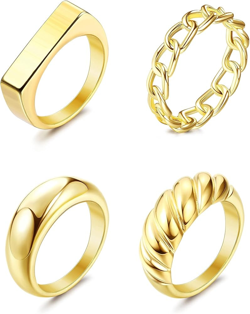 FUNRUN JEWELRY 4PCS 18K Gold Chunky Dome Rings Set for Women Men Twisted Signet Chunky Dome Ring ... | Amazon (US)