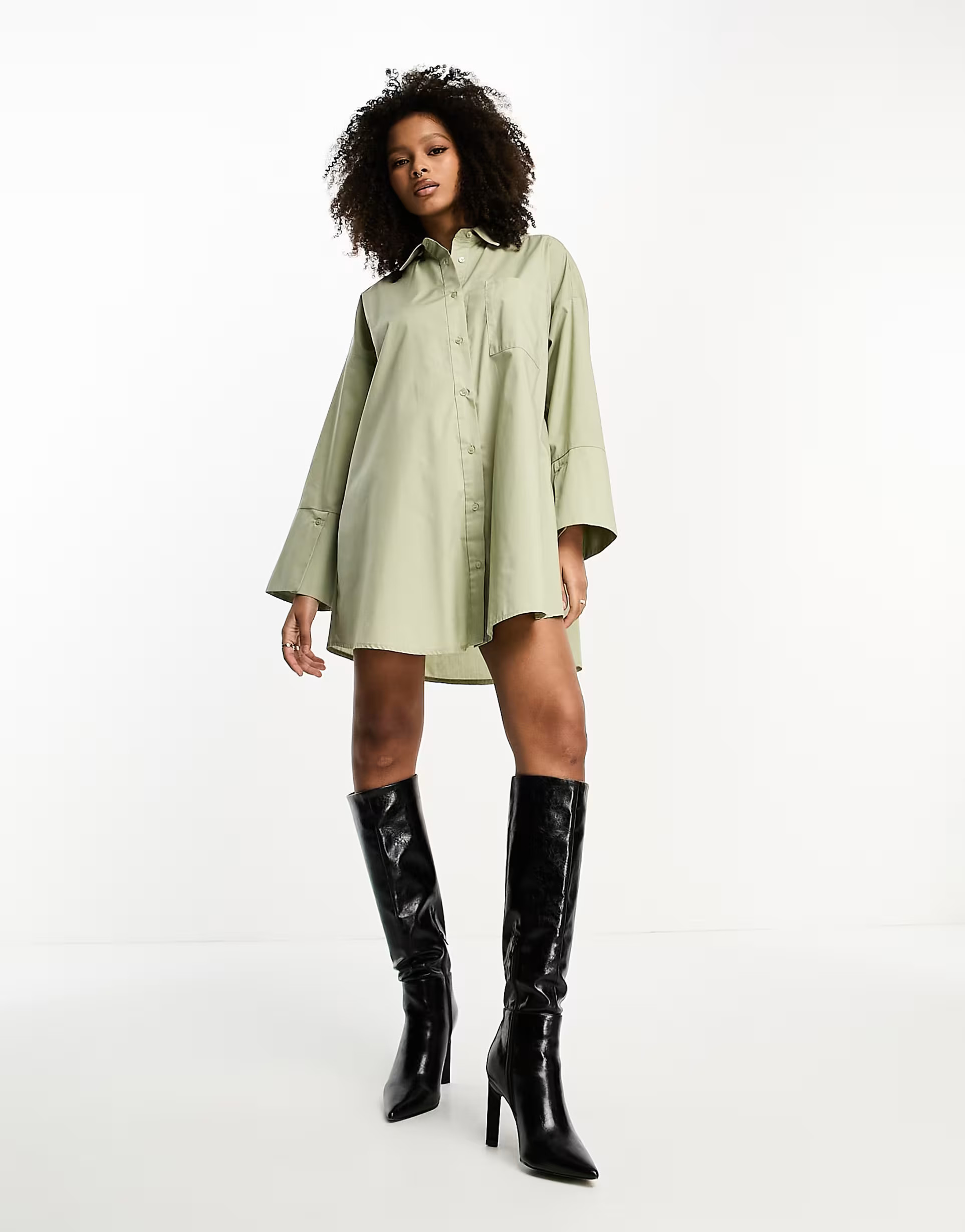 ASOS DESIGN oversized mini shirt dress with large cuffs in sage green | ASOS (Global)