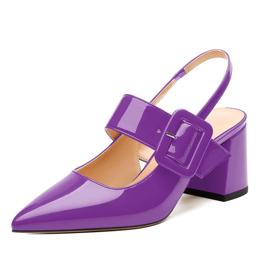 Women's Pointed Toe Pumps - 2.55" Chunky Mid Heel Slingback with Adjustable Buckle, Solid Color D... | Amazon (US)