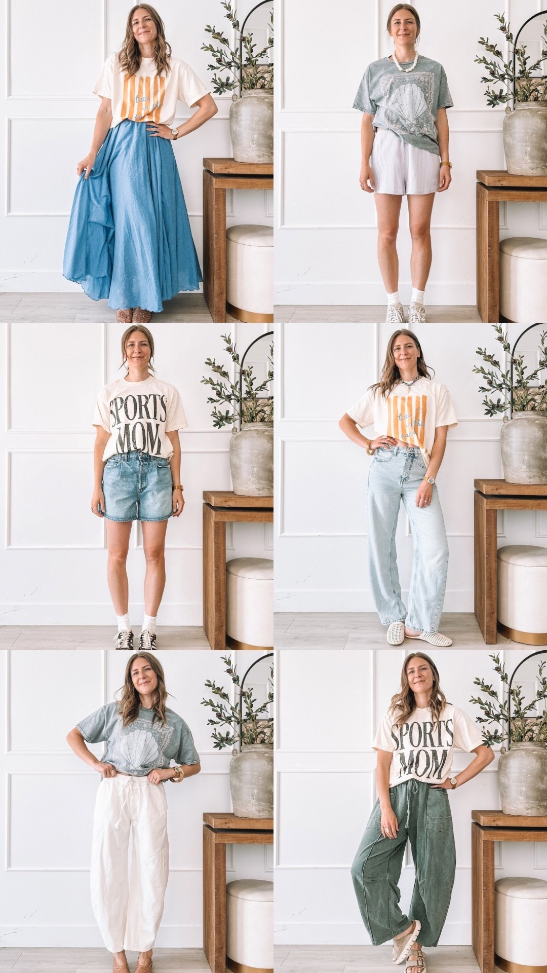 How to Style Graphic Tees: 6 Spring and Summer Outfit Ideas - Graphic tees styled 6 ways for spring and summer. Sports Mom tee, shell graphic tee and toes in the sand tee paired with a blue maxi skirt, wide leg jeans, linen pants, denim shorts, ribbed shorts and barrel leg pants. All pieces linked here. Click to shop every look.​​​​​​​​​​​​​​​​

#LTKootd #LTKgrwm #LTKmomlife