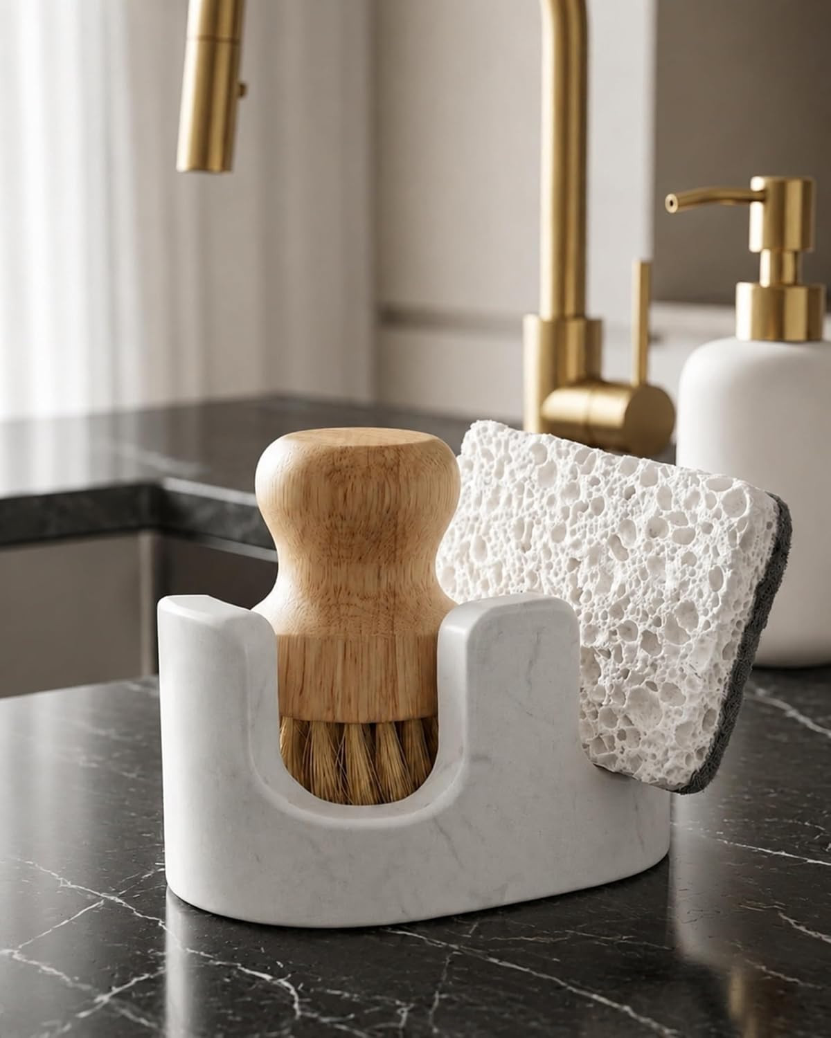 White Marble Sponge Holder for Kitchen Sink, Dual Slot Stone Caddy | Amazon (US)