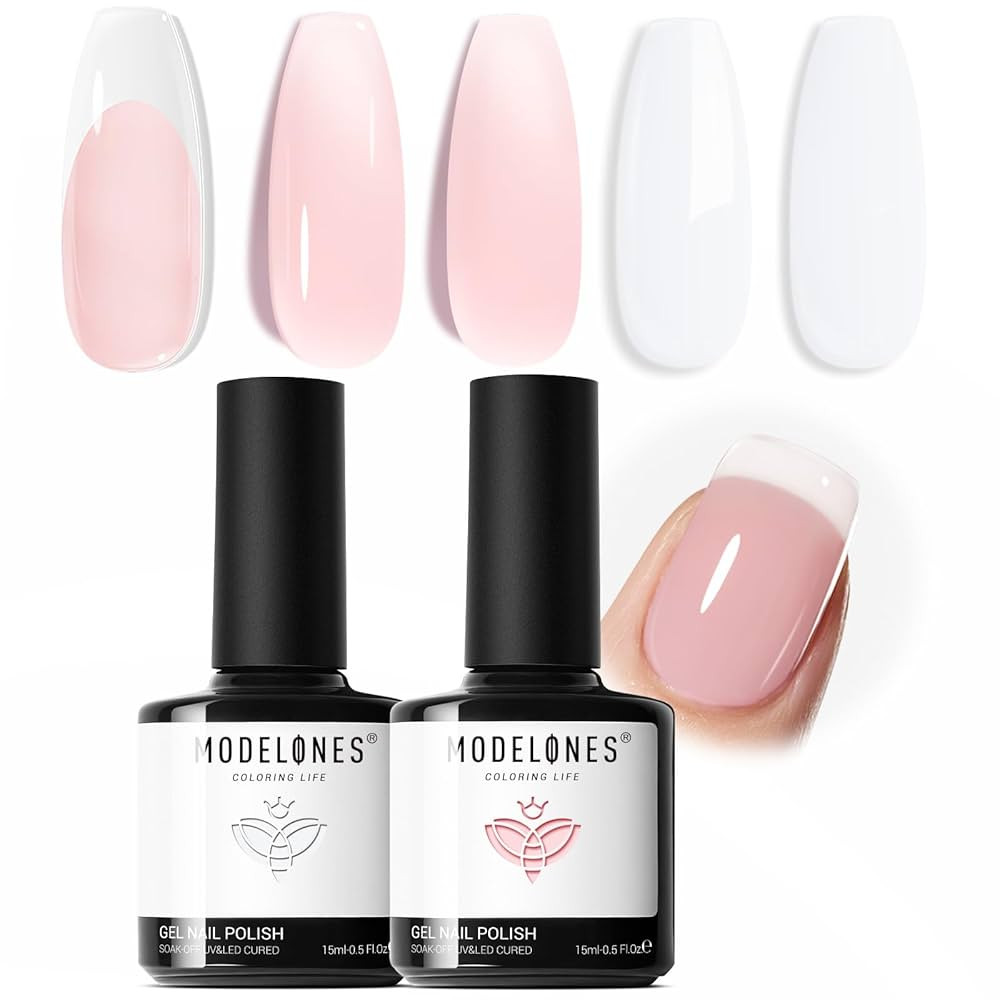 modelones Gel Nail Polish 2 PCS 15 ML Set French Manicure White Sheer Nude Jelly Pink Gel Nail Po... | Amazon (US)