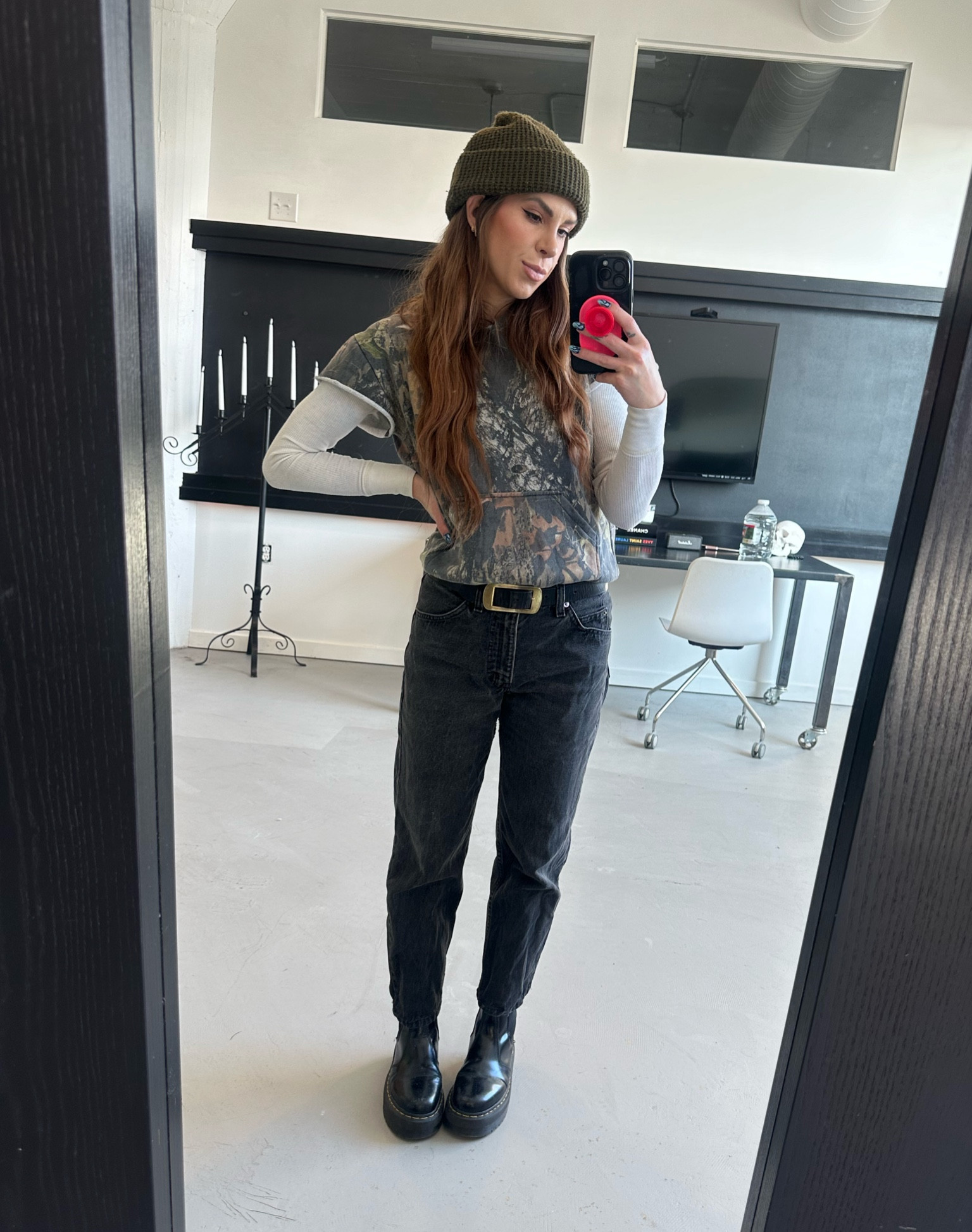 Cut the sleeves off this kids sweatshirt that I found at a thrift store. 🫡 This belt was also a lucky find from a thrift store. Vintage Levi’s pants too. 😅 similar radness linked! #camogirl #winterfit 

#LTKSeasonal #LTKworkwear