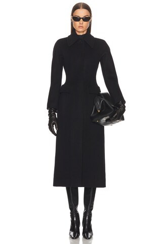 McQueen Long Coat in Black - Black. Size 36 (also in 38). | FWRD 