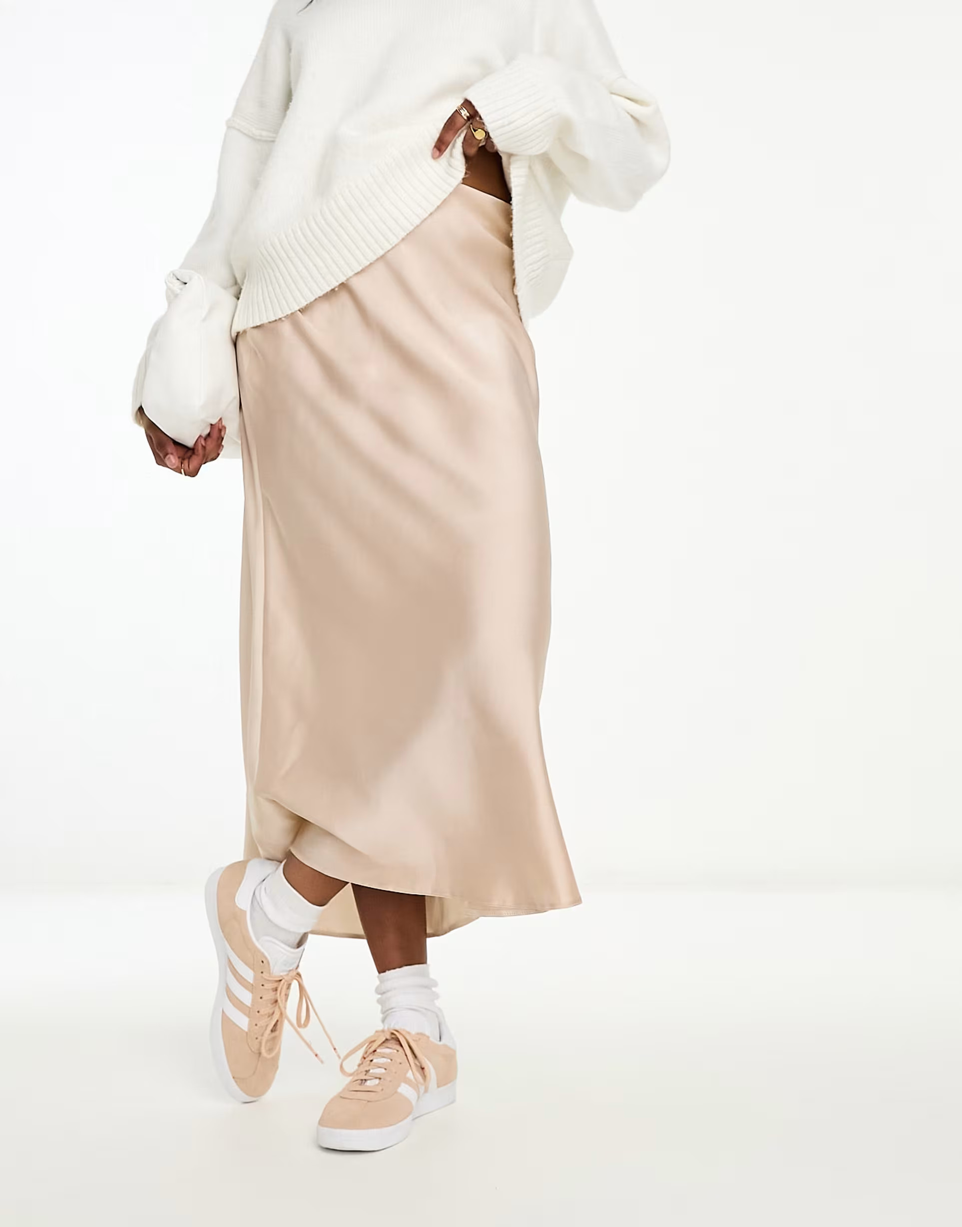 New Look satin bias midi skirt in stone | ASOS (Global)