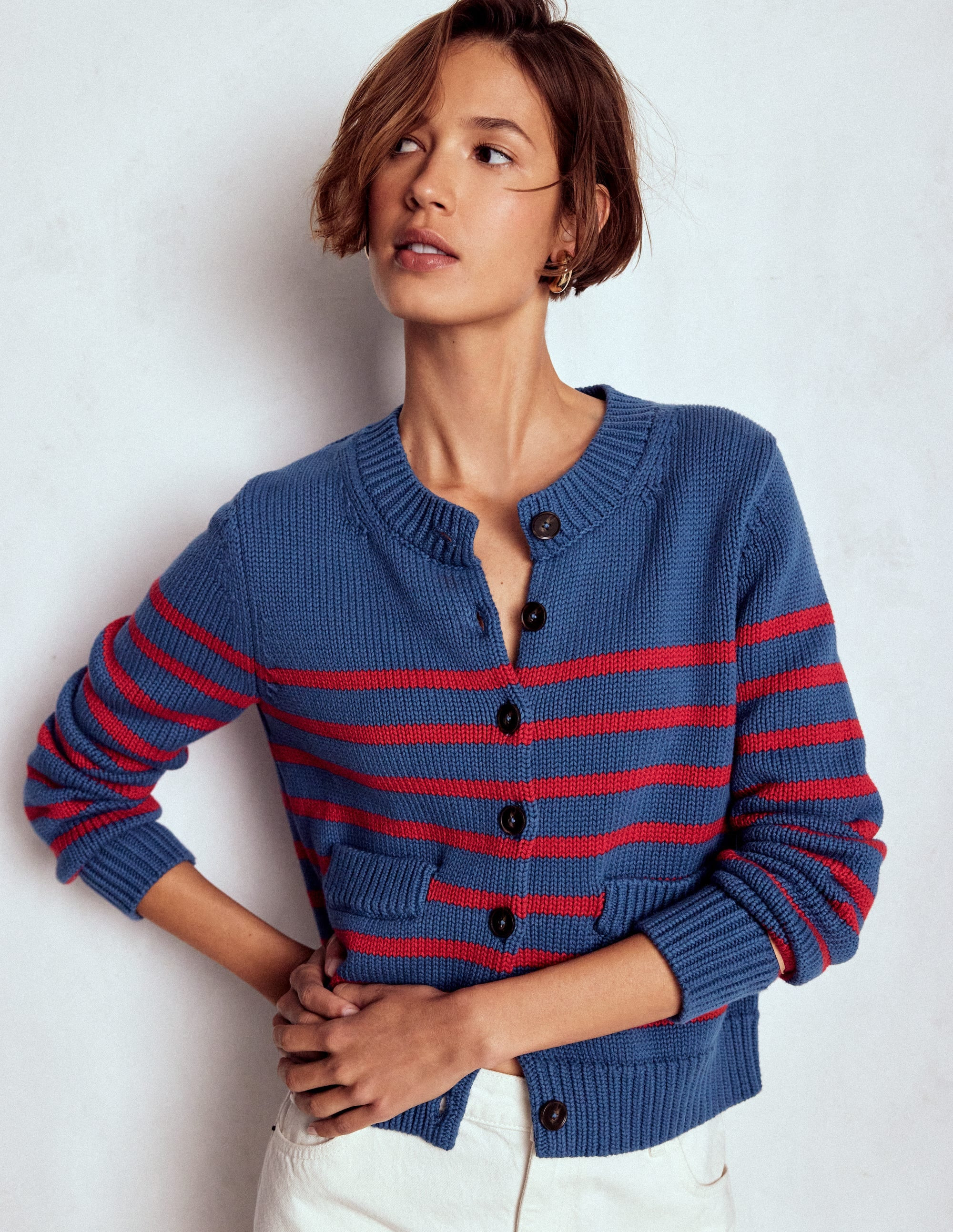 Lucy Chunky Cotton Cardigan-Soft Navy and Red Stripe | Boden (US)