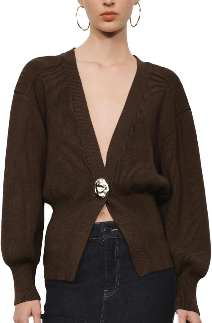 Women Knitted Cardigans Long Sleeve V-Neck Lightweight Sweater One Leaf Button Down Outwear | Amazon (US)