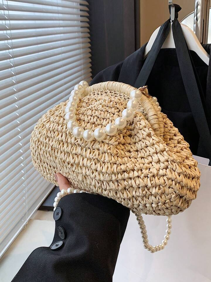 Straw Woven Clutch/Handbag With Pearl Chain Decoration For Beach Vacation Or Outdoor Activities, ... | SHEIN