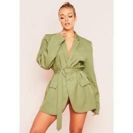 Tia Olive Green Oversized Belted Blazer | Missy Empire (UK)