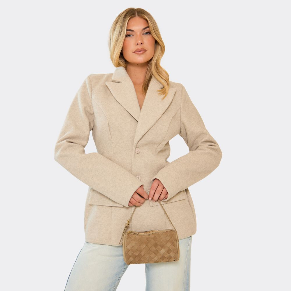 Benjen Woven Detail Shaped Cross Body Bag In Khaki Faux Suede | EGO (UK)