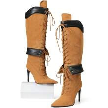 Y2K Style Luxury Fashion Women's Over Knee Boots Pointed Toe Lace Wide Calf Zip Stiletto Heel Sho... | SHEIN