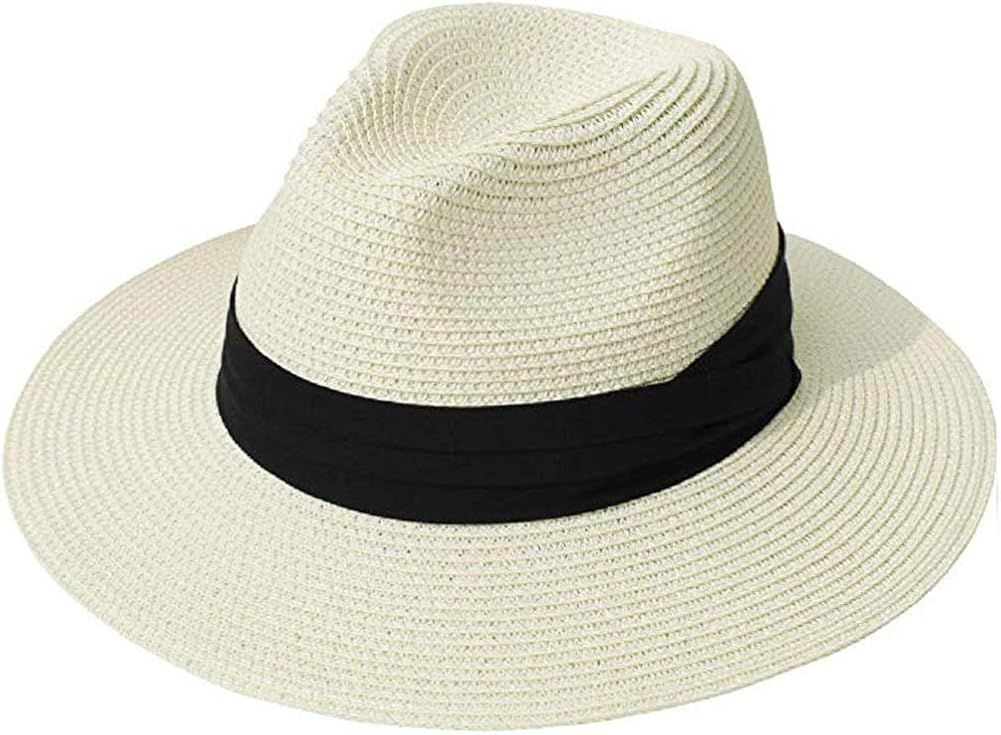 Womens Mens Wide Brim Straw Panama Hat Fedora Summer Beach Sun Hat UPF | Amazon (US)