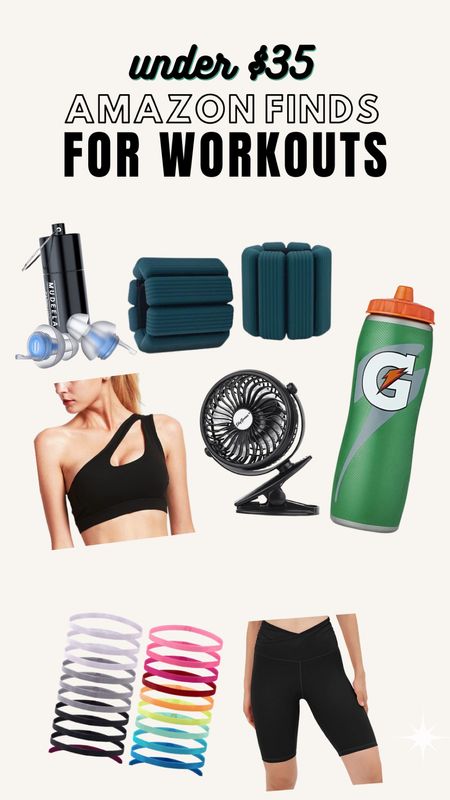 Amazon products under $35 that are in my gym bag. These go with me to spin class every single time! A portable fan, 1 lb wrist weights, refillable water bottle, hair headband, and high fidelity ear plugs to protect my ears  

#LTKunder50 #LTKfit #LTKitbag