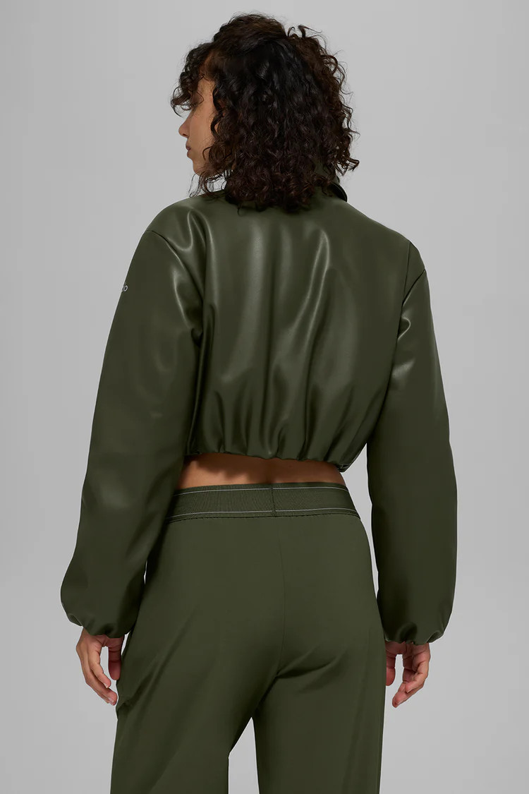 Faux Leather Cropped Premier Bomber - Green Olive | Alo Yoga (US)