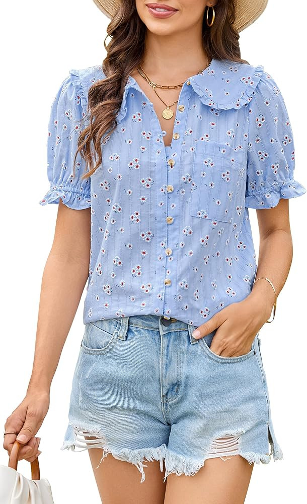 ECOWISH Women's Button Up Shirt - Peter Pan Collar Frilled Short Sleeve Summer Tops Casual Cotton... | Amazon (US)