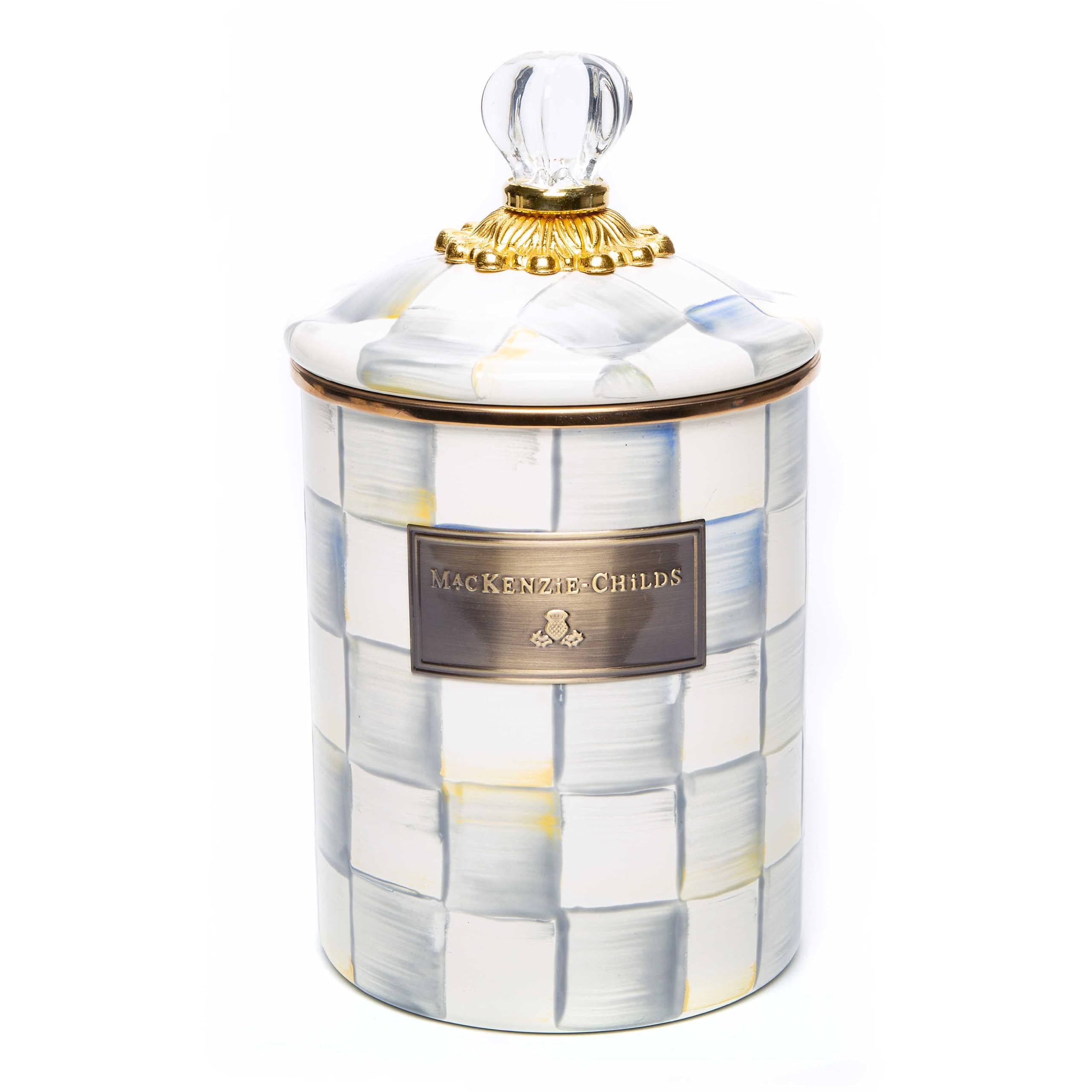 MACKENZIE-CHILDS Sterling Check Enamel Canister, Gray-and-White Kitchen Storage Container with Li... | Amazon (US)