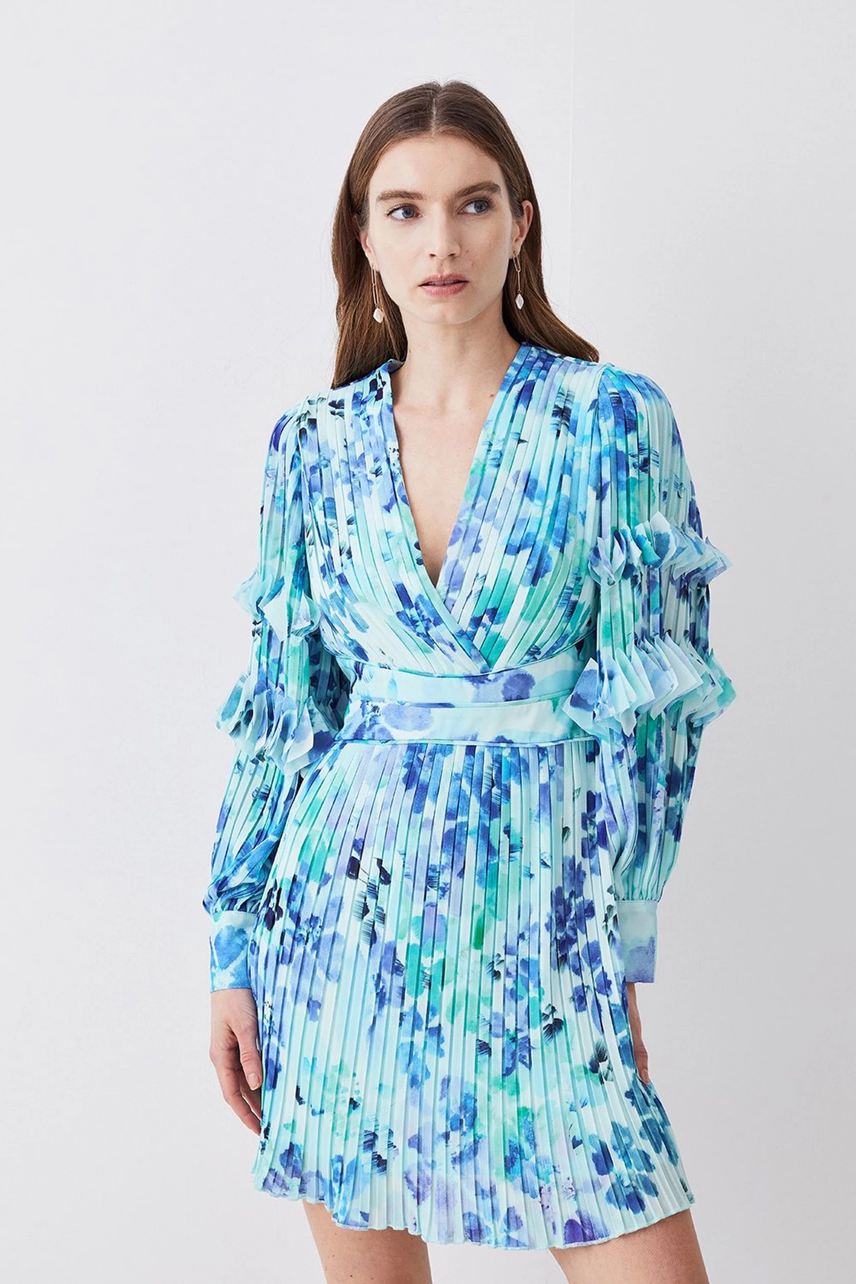 Pleat Detail Petal Print Long Sleeve Mini Dress | Karen Millen US