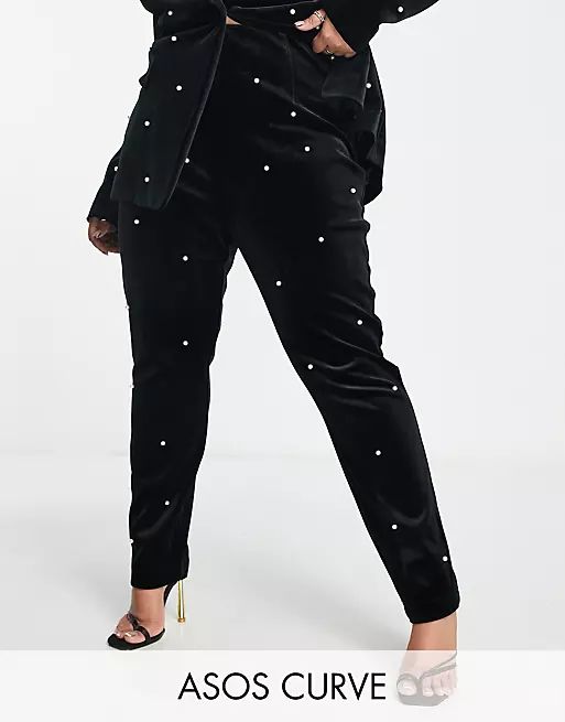 ASOS LUXE Curve pearl velvet fitted pants in black - part of a set | ASOS (Global)