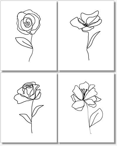 Black and White Wall Art - Flower Line Drawings - Botanical Prints - Abstract Pictures - Set of 4... | Amazon (US)