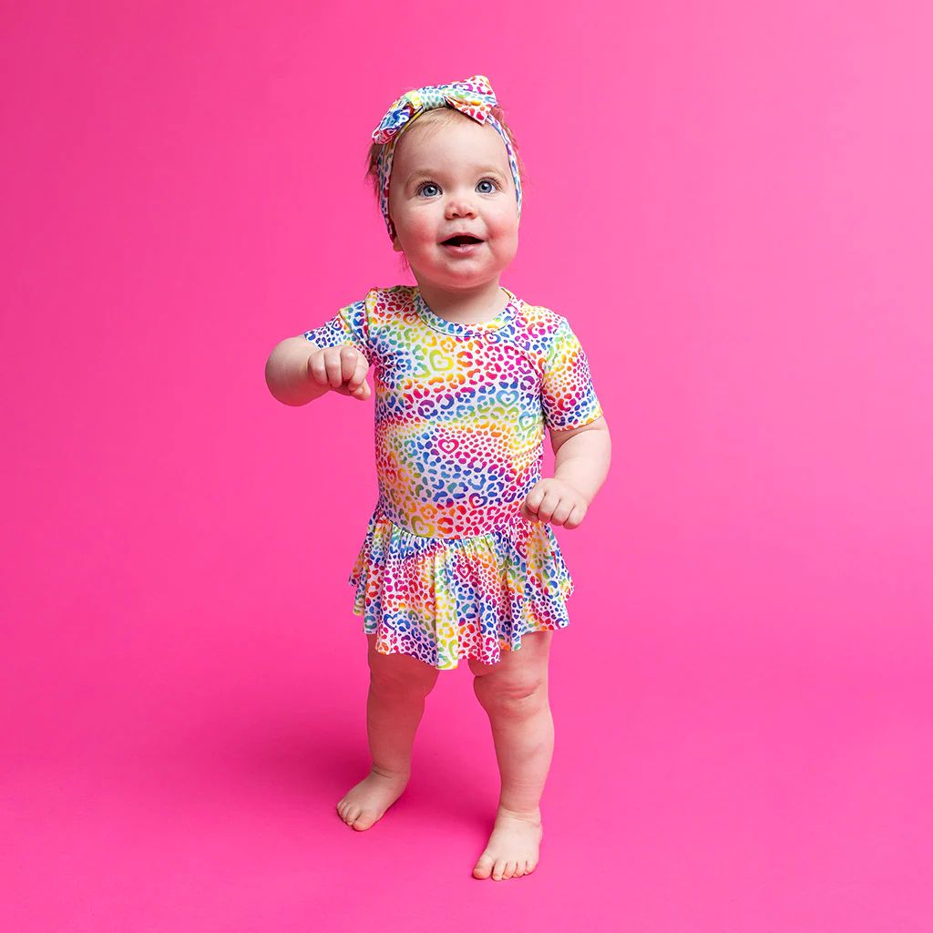 Rainbow Pink Baby Girl Twirl Skirt Bodysuit | Lisa Frank® I Love Rainbow Leopard | Posh Peanut