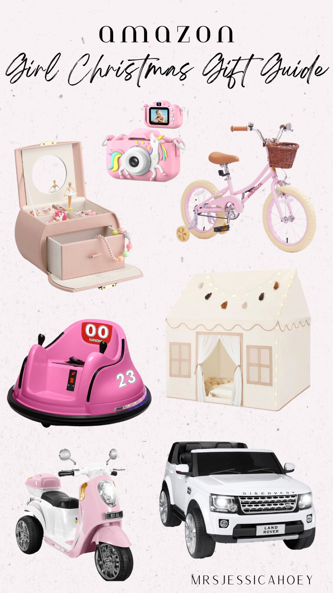 Girls toddler Christmas gift guide. Bike. Bumper car. Kids toy car. Girls play tent house. Jewelry box. Camera. Girls makeup. Girls art kit. Girls princess dress up. Girls arts and crafts. Kids kitchen. Little girls Christmas gifts. 

#LTKHoliday #LTKkids #LTKGiftGuide