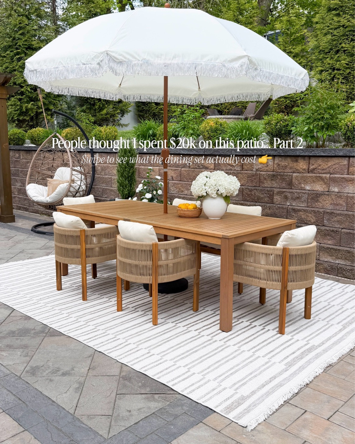 Part 2 of my outdoor patio breakdown is here! 🤎 Rope dining chairs, oversized teak table, the fringe umbrella everyone keeps asking about — all linked! 

The whole dining setup came in under $2,200 and it looks like it cost triple that.🎉