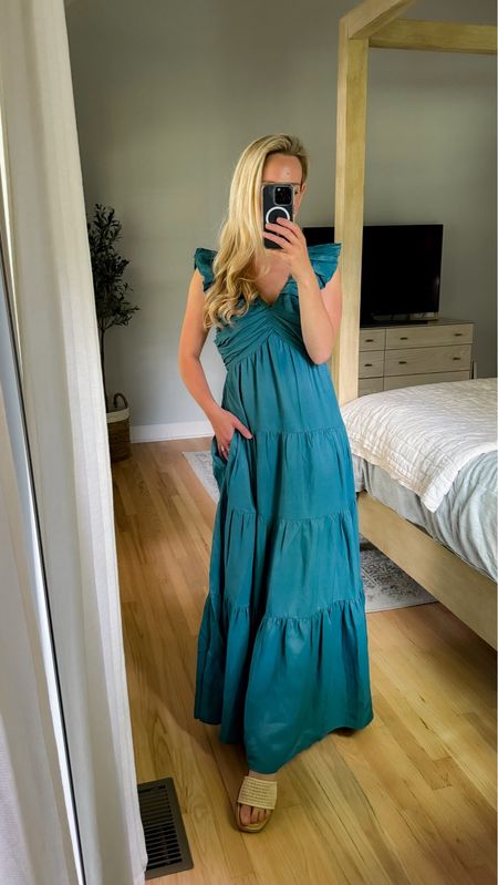 Love this ruffle maxi dress. Would be so pretty as a wedding guest dress or a family photo dress! Sundress summer dress maxi dresses formal dress long dress ruffled dress teal dress blue dress 

#LTKStyleTip #LTKSeasonal #LTKWedding