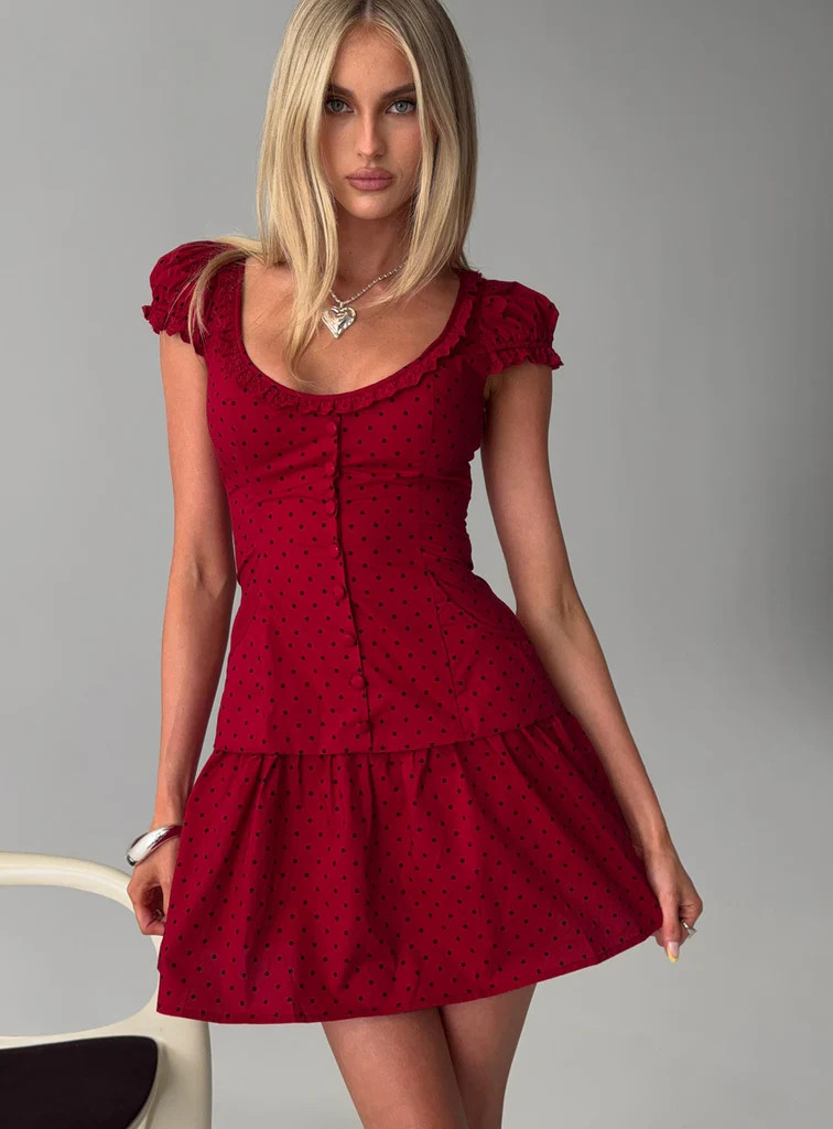 Ottillie Lace Trim Button Down Mini Dress Red Polka Dot | Princess Polly US