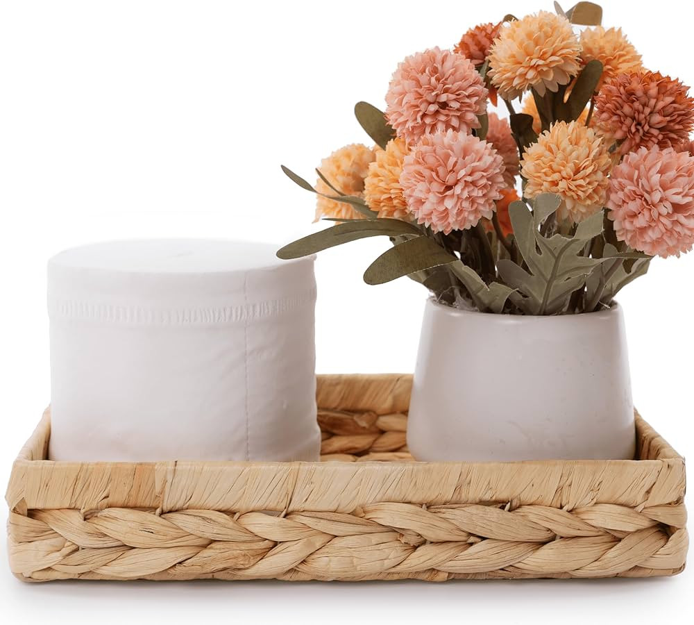 Bathroom Trays for Counter 10" Decorative Rattan Vanity Tray Wicker Storage for Paper Hand Towel ... | Amazon (US)