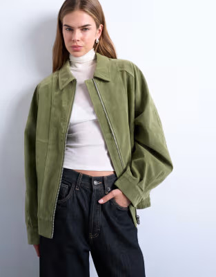 Faux suede zip through seam detail jacket in green | Topshop