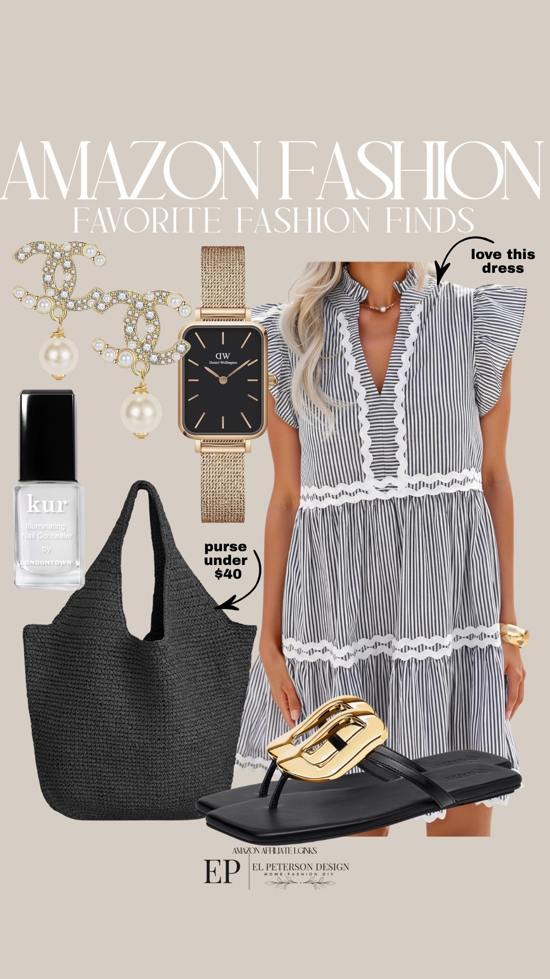 Amazon 
Dress
Watch
Purse
Nail polish
Sandals 
Earrings