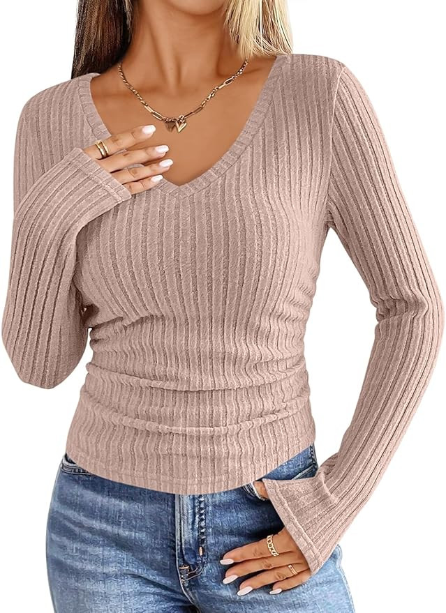 ANRABESS Womens Long Sleeve Shirts V Neck Ribbed Knit Slim Fit Lightweight Sweater 2025 Fall Dres... | Amazon (US)