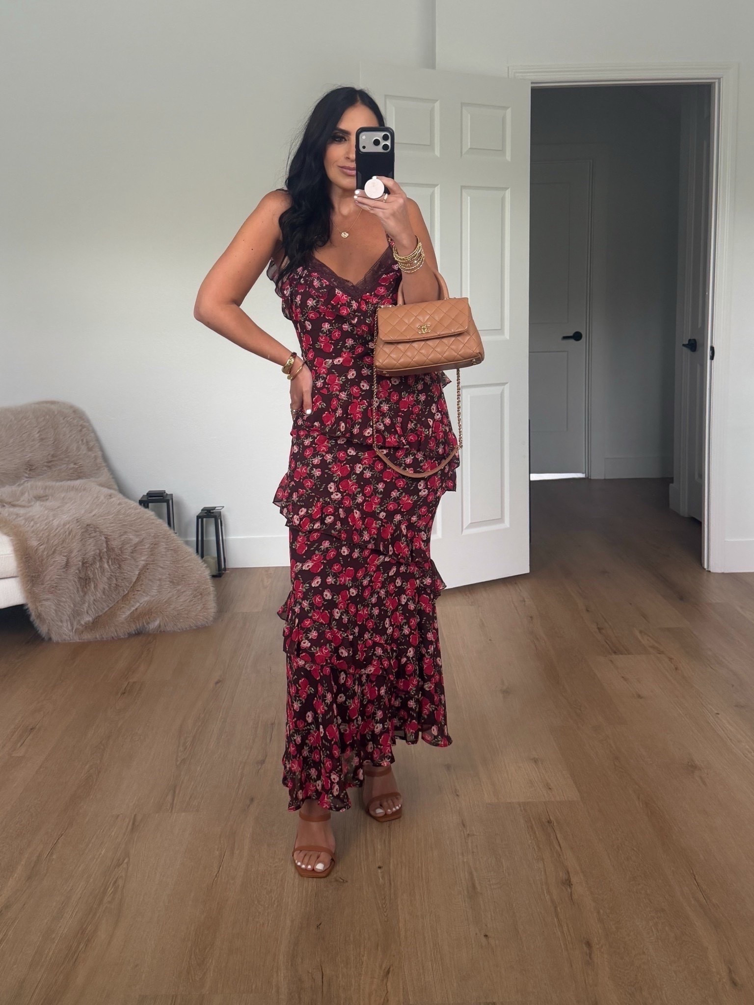 Petal & Pup Virginia Maxi Dress Brown Floral wearing size small

