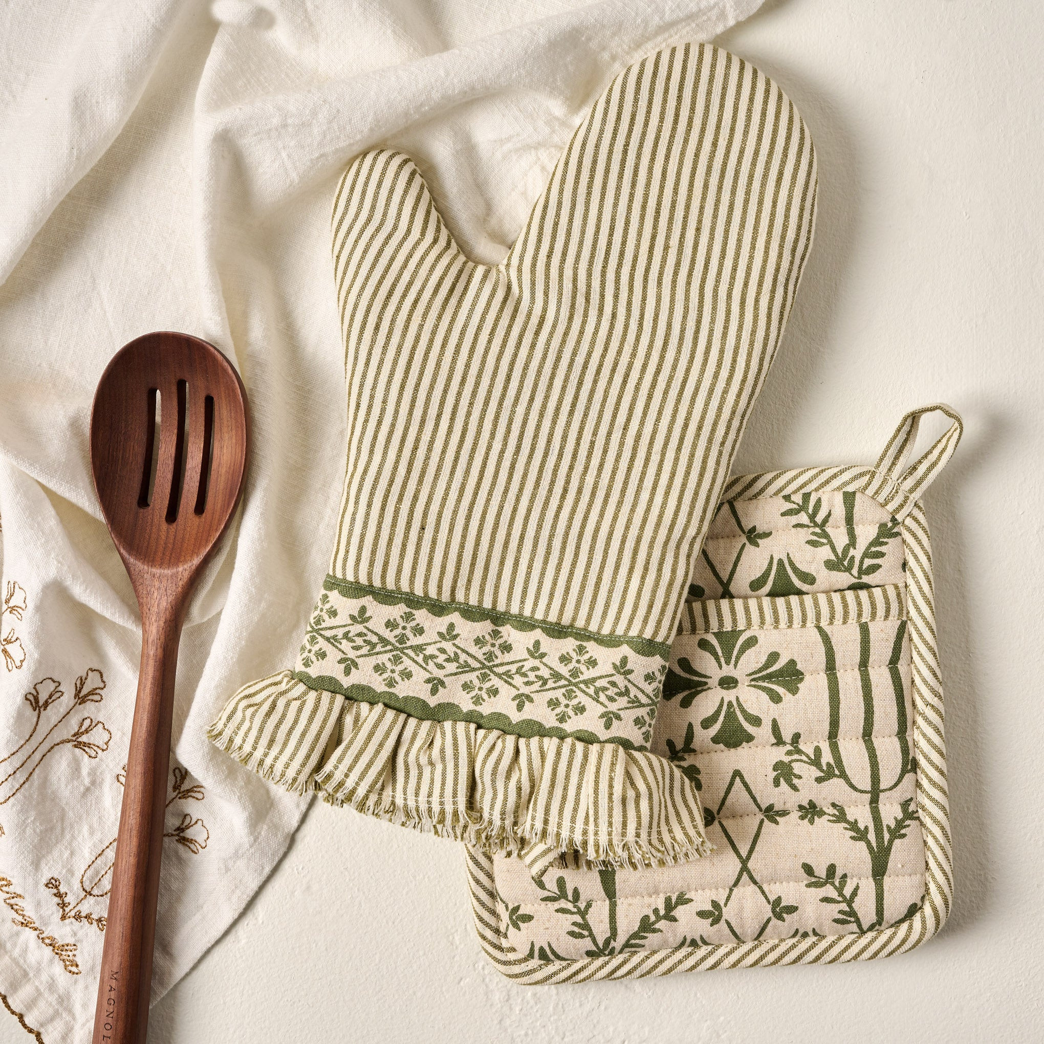 Magnolia Olive Pin Stripe Oven Mitt + Pot Holder Set | Magnolia