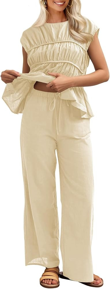Tankaneo Womens 2 Piece Outfits Pleated Cap Sleeve Babydoll Blouse Wide Leg Pants Cotton Travel V... | Amazon (US)