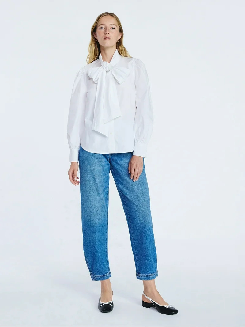Free Assembly Women's Cotton Tie Neck Blouse with Long Puff Sleeves, Sizes XS-XXL | Walmart (US)