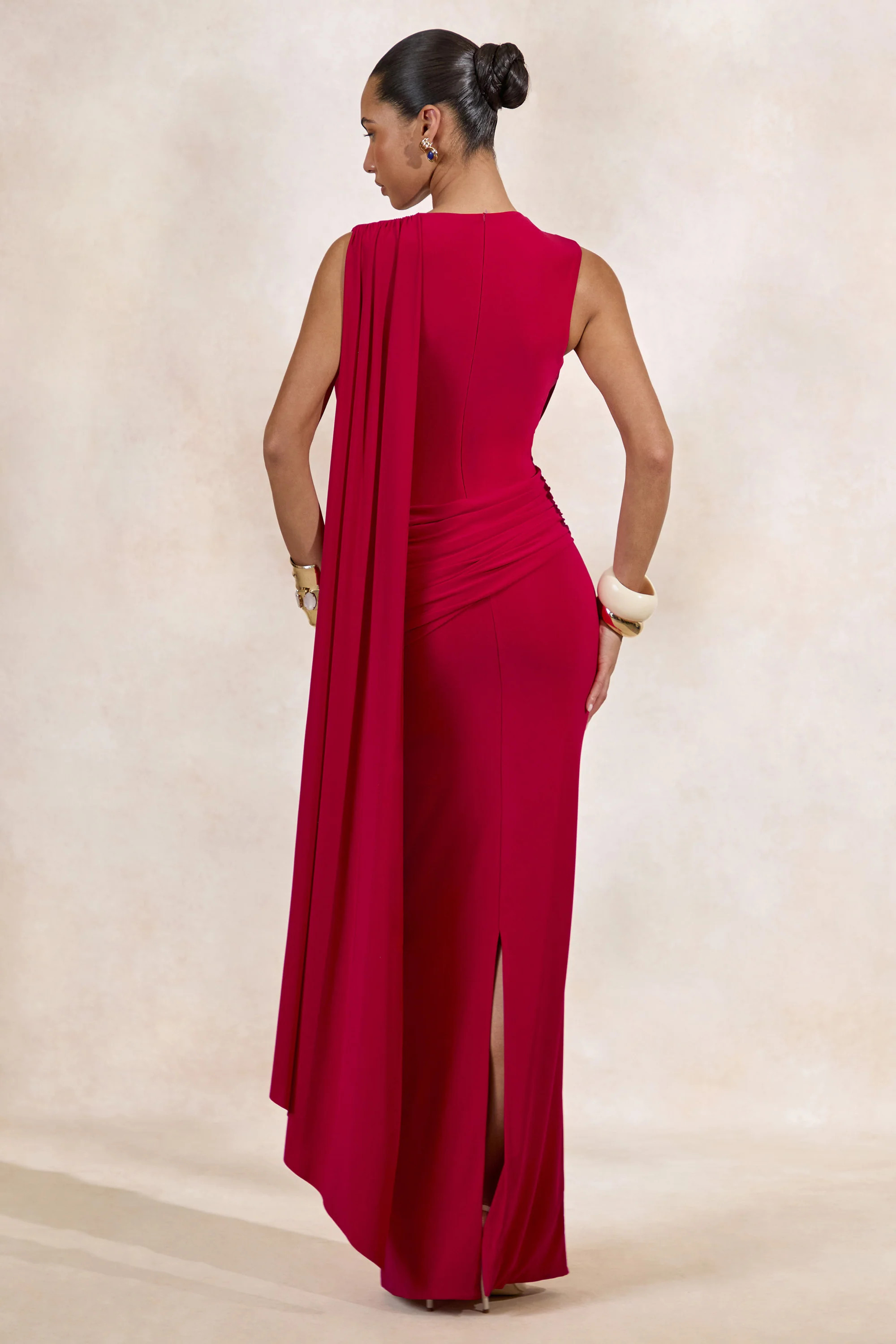 Aralyn | Red Plunge Cowl-Neck Maxi Dress With Sash Detail | Club L London