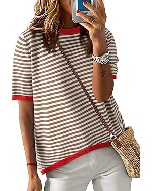 Dokotoo Womens Tops Casual Summer Crewneck Short Sleeve Striped Color Block Knit High Low Trendy ... | Amazon (US)