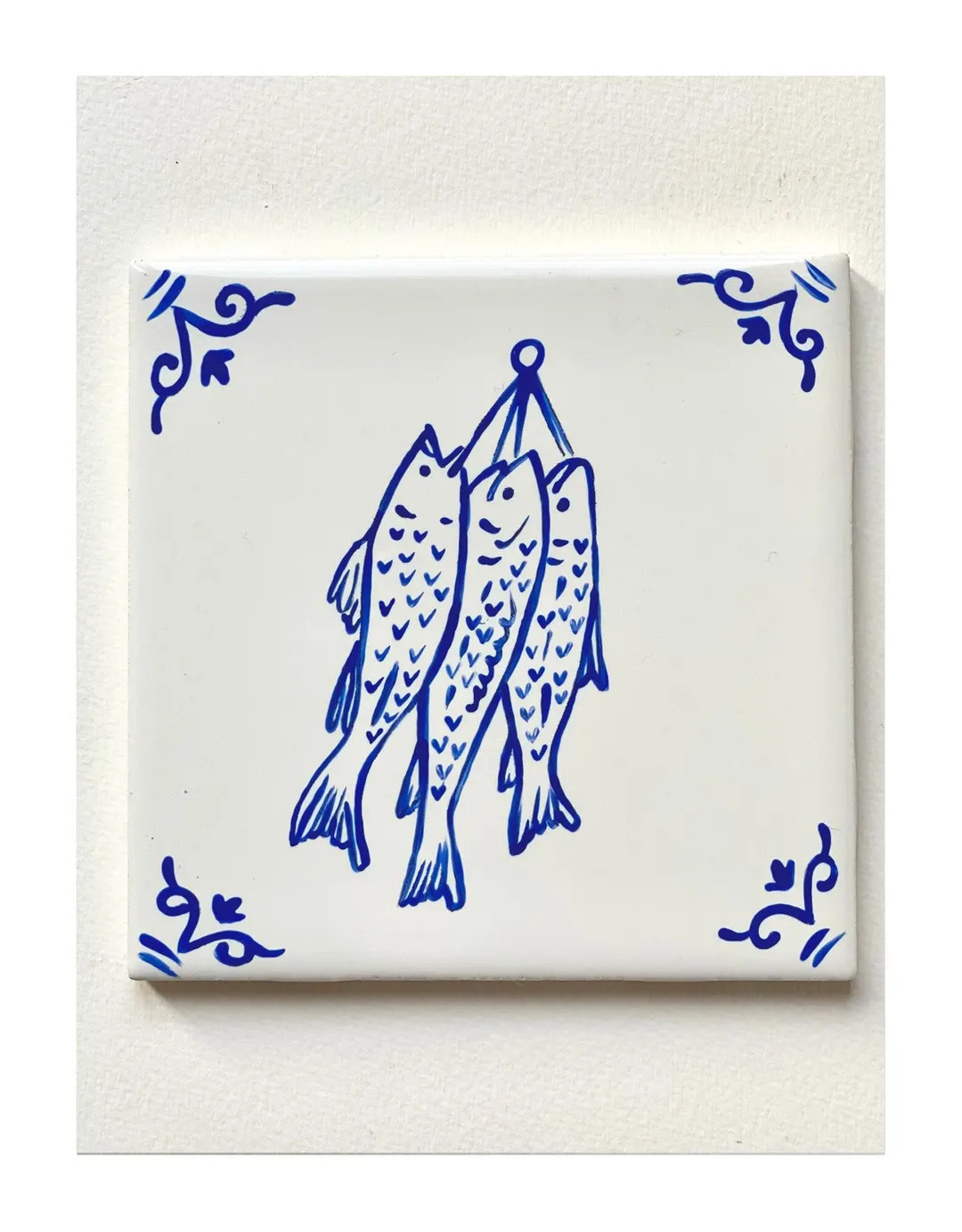Fish Trio Delft Inspired, Hand-painted Blue and White Tile - Etsy | Etsy (US)