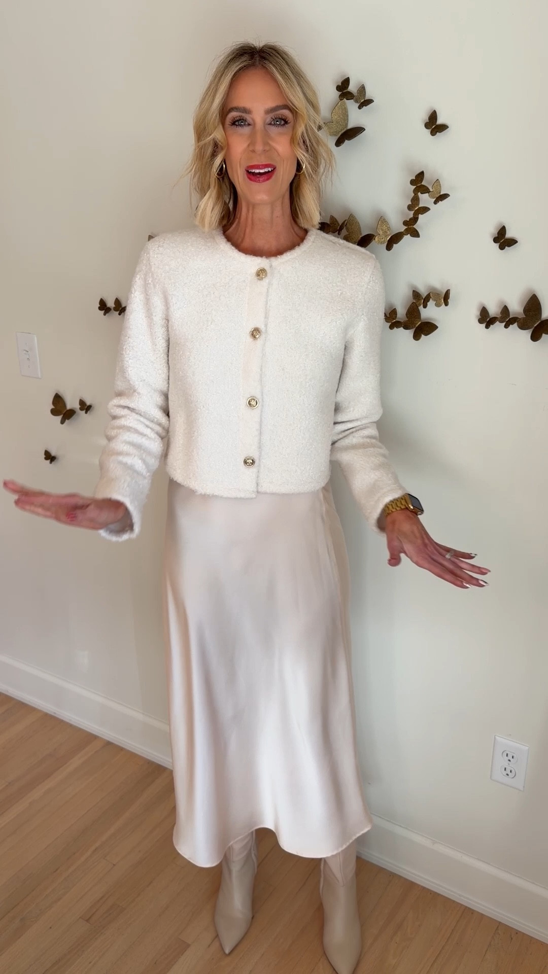 Amazon slip skirt, lady jacket/cardigan, and boots! Monochrome. Holiday outfit idea