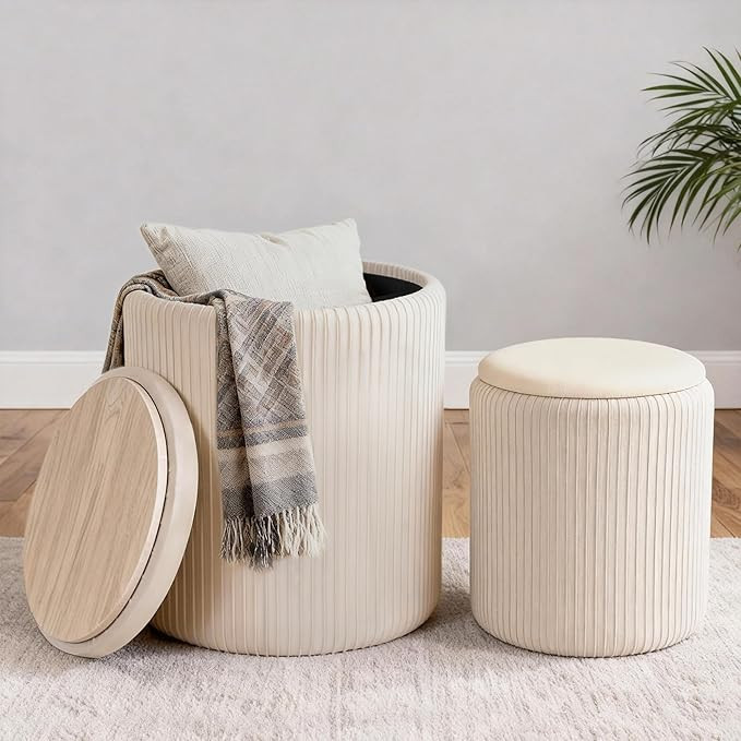 CAROLMADE Set of 2 Round Ottoman with Storage, Upholstered Vanity Stool Support 330lbs Multifunct... | Amazon (US)