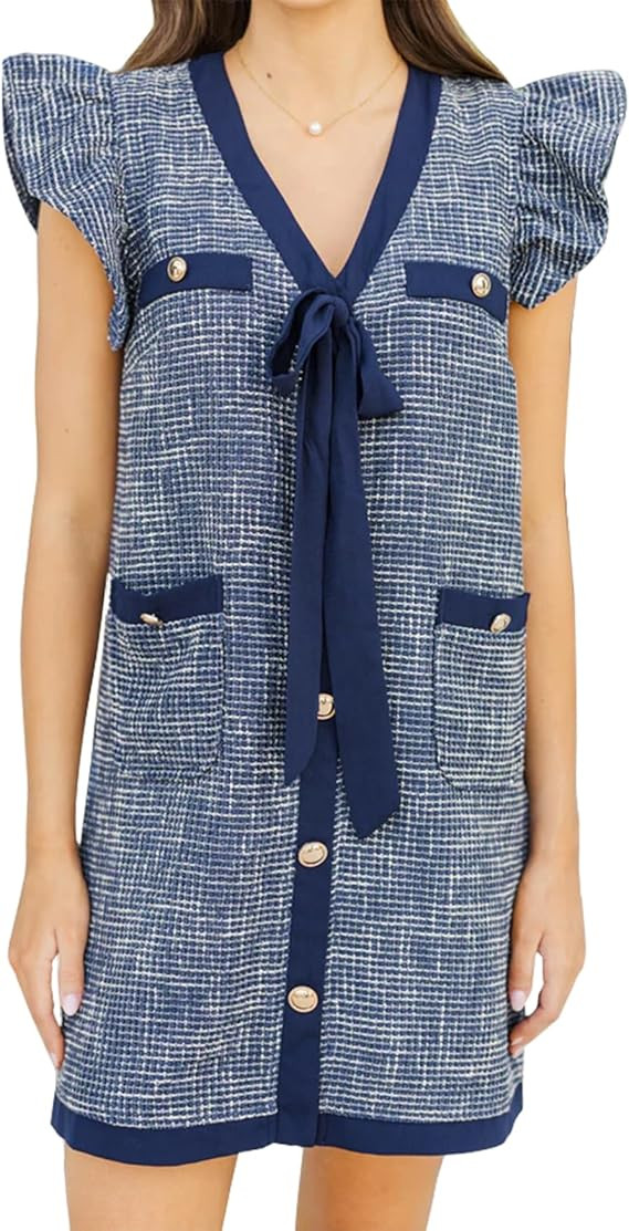Womens Tweed Dress Elegant V Neck Ruffle Sleeve Button Down Bow Tie Shift Mini Dress with Pockets | Amazon (US)