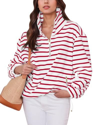 OLAPTA Women Striped Half Zip Up Stand Collar Sweatshirt Stripes Quarter Zipper Long Sleeve Overs... | Amazon (US)