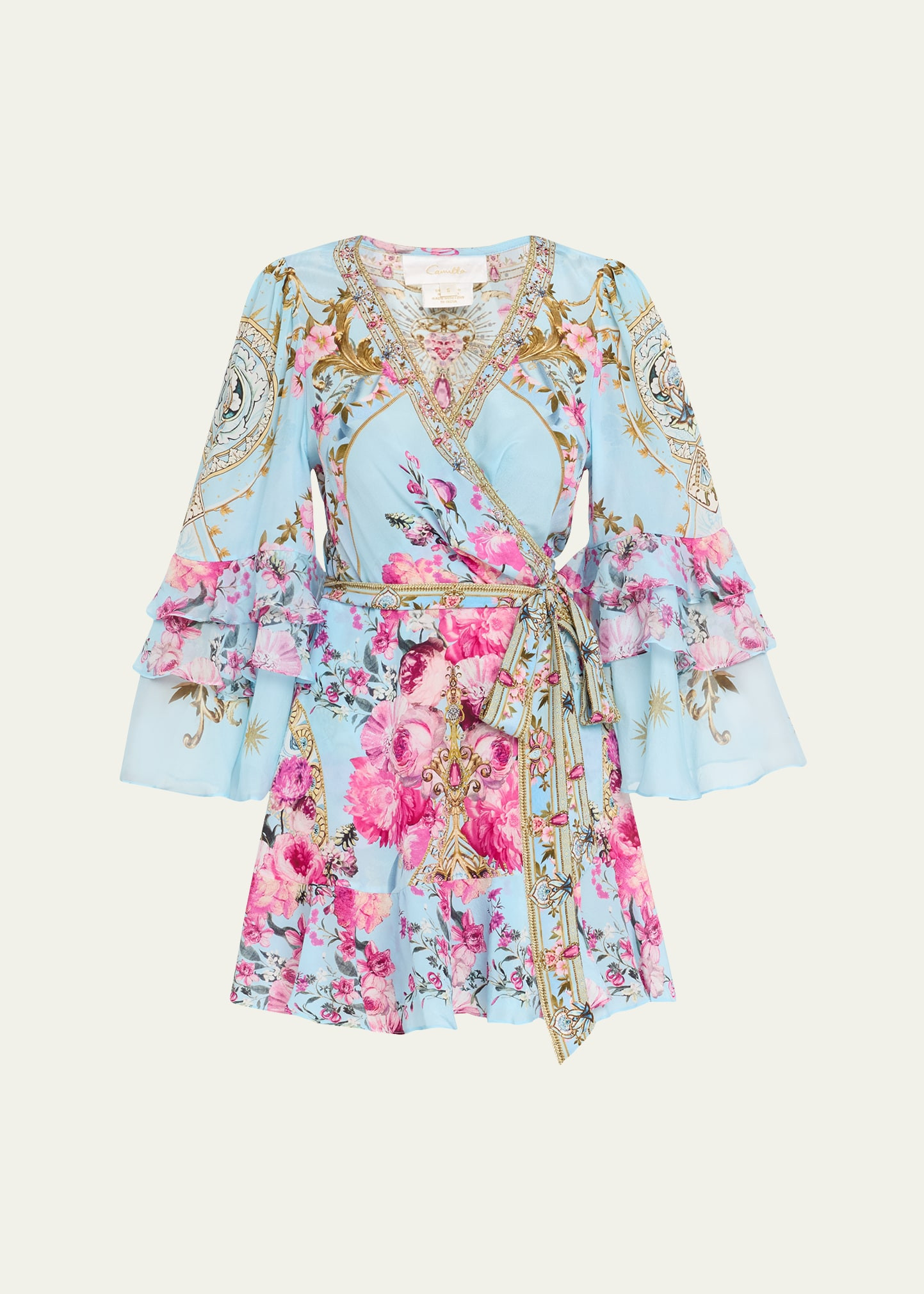 Camilla Ruffle-Sleeve Floral Silk Mini Wrap Dress | Bergdorf Goodman