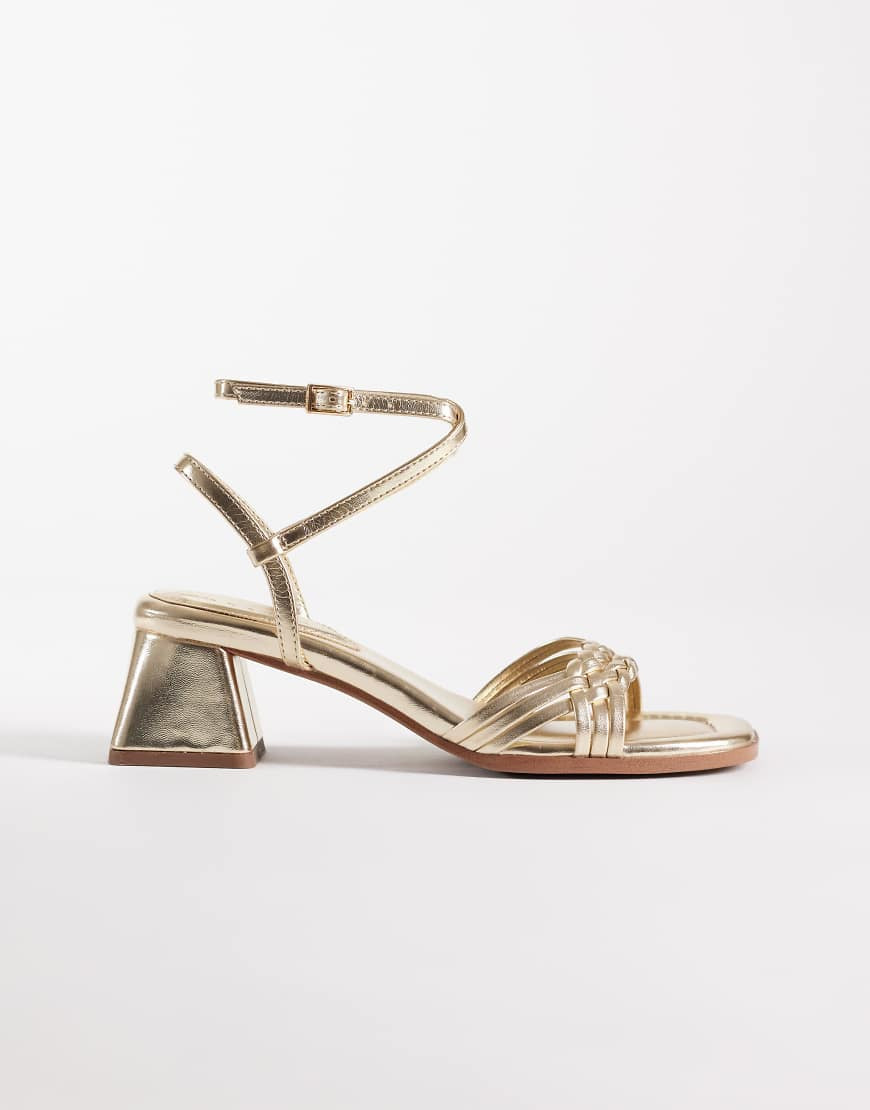 ASOS DESIGN Humble plaited detail mid block heel sandals in gold | ASOS (Global)