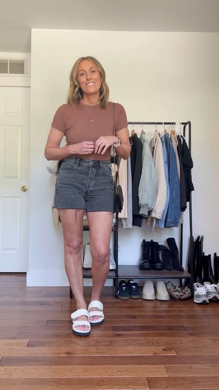Spring outfit. Spring outfit idea. Summer outfit. Summer outfit idea. Basic tee. Fitted tee. Mom shorts. Denim shorts. Platform sandals. Basic mom outfit. Casual outfit idea. Casual outfit. Everyday outfit. Mom outfit. 

#LTKSeasonal #LTKFindsUnder100 #LTKFindsUnder50